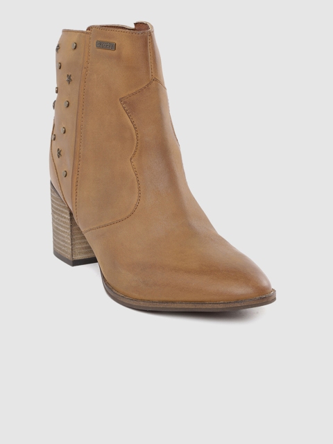 

Superdry Women Tan Brown Solid Mid-Top Leather Heeled Boots