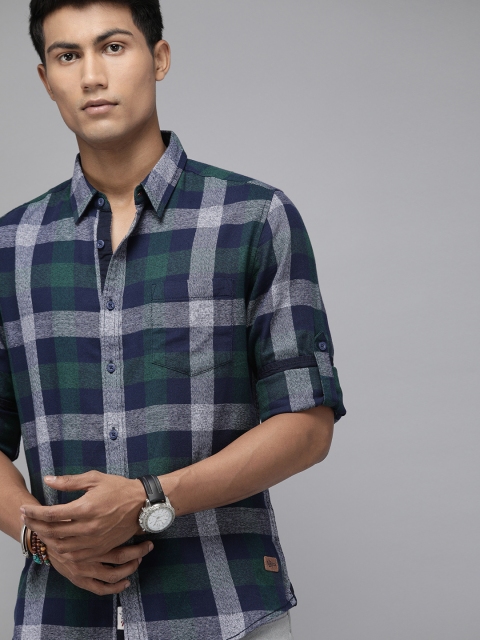 

Roadster Men Blue & Green Pure Cotton Regular Fit Checked Casual Shirt