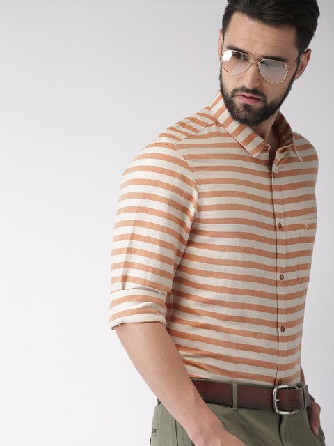 

Indian Terrain Men Orange & Beige Slim Fit Striped Smart Casual Shirt