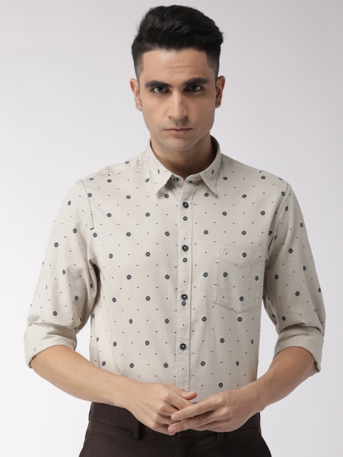 

Indian Terrain Men Beige & Navy Blue Slim Fit Printed Smart Casual Shirt