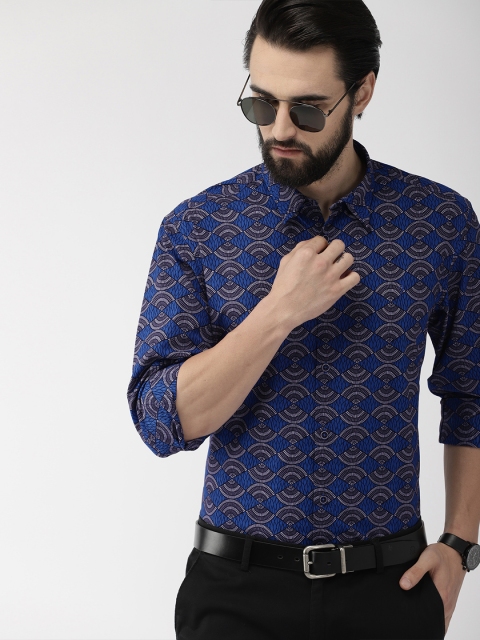 

Indian Terrain Men Blue & Grey Slim Fit Printed Smart Casual Shirt