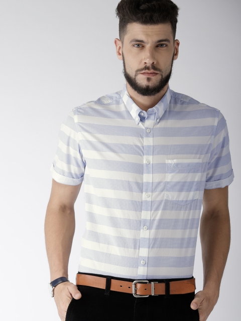 

Indian Terrain Men White & Blue Slim Fit Striped SmartCasual Shirt