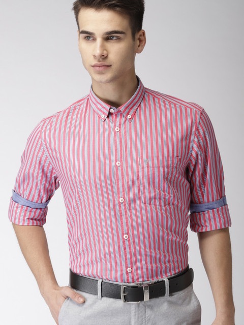 

Indian Terrain Men Fuchsia Pink & White Slim Fit Striped Smart Casual Shirt