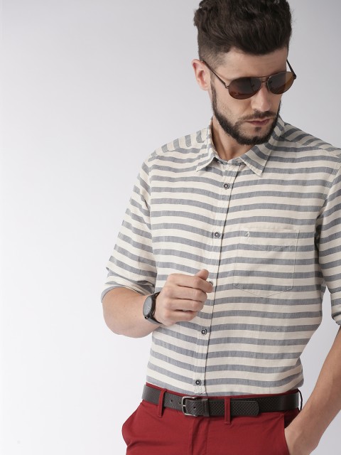 

Indian Terrain Men Blue & Beige Slim Fit Striped Smart Casual Shirt