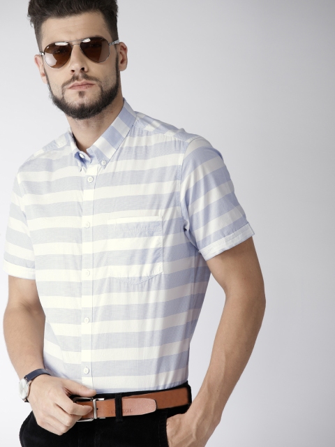 

Indian Terrain Men White & Blue Slim Fit Striped SmartCasual Shirt