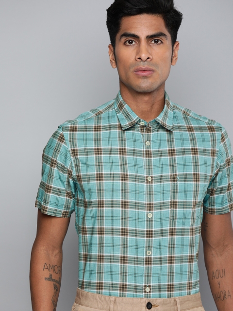 

Indian Terrain Men Turquoise Blue & Brown Slim Fit Checked Smart Casual Shirt