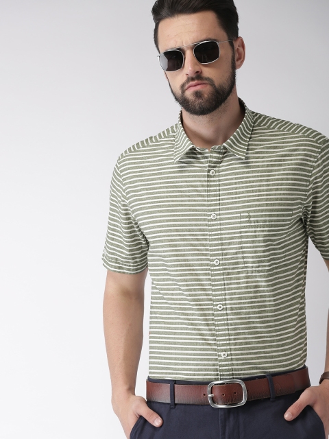 

Indian Terrain Men Olive Green & White Slim Fit Striped Smart Casual Shirt