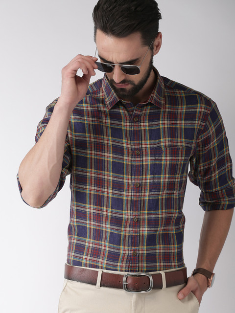 

Indian Terrain Men Navy Blue & Yellow Slim Fit Checked Casual Shirt