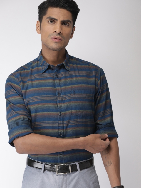 

Indian Terrain Men Blue & Brown Slim Fit Striped Casual Shirt