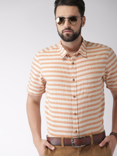

Indian Terrain Men Rust Orange & Beige Slim Fit Striped Smart Casual Shirt