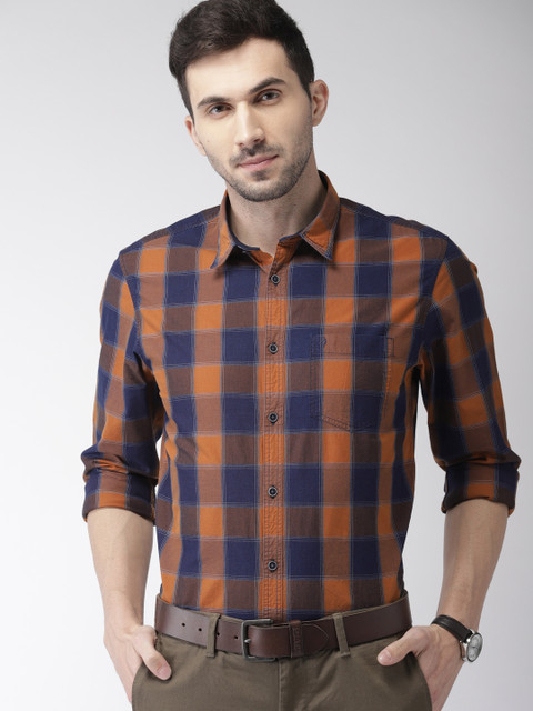 

Indian Terrain Men Rust Orange & Navy Blue Chiseled Slim Fit Checked Smart Casual Shirt