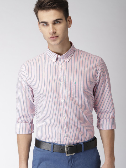 

Indian Terrain Men Pink & White Slim Fit Striped Smart Casual Shirt