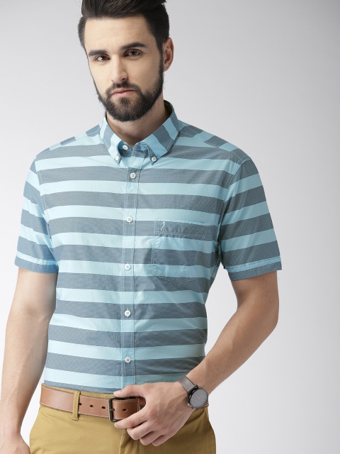 

Indian Terrain Men Sea Green & Blue Slim Fit Striped Casual Shirt