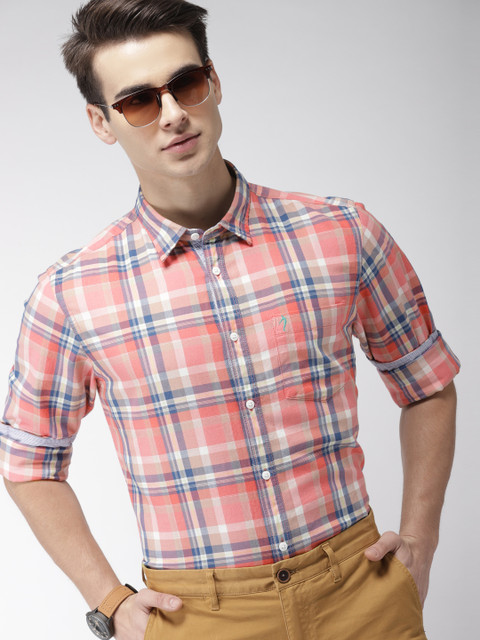 

Indian Terrain Men Peach-Coloured & Blue Slim Fit Checked Smart Casual Shirt