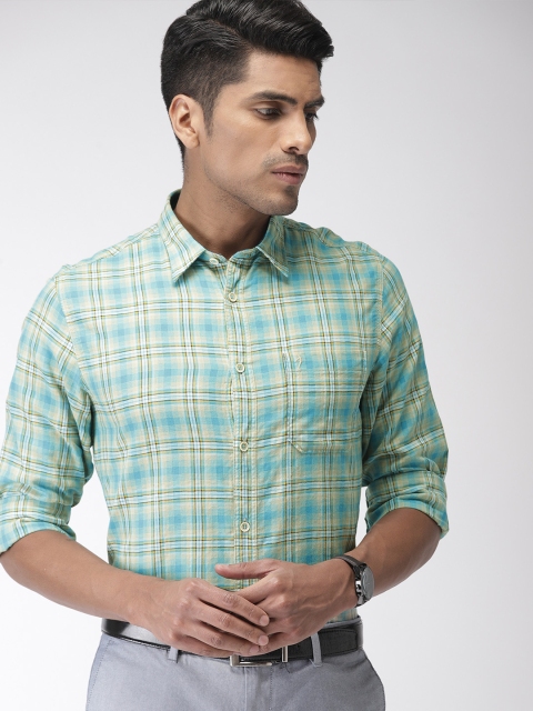 

Indian Terrain Men Turquoise Blue & Yellow Slim Fit Checked Casual Shirt