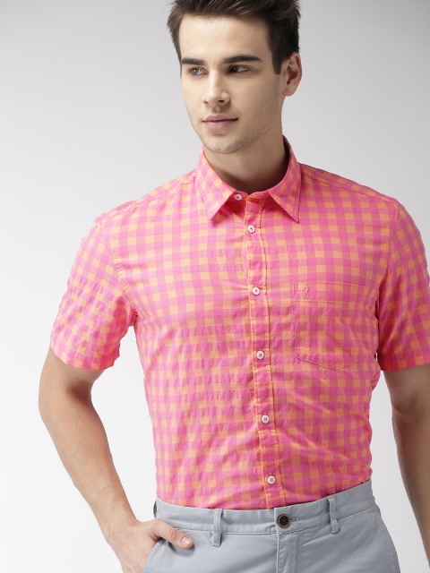 

Indian Terrain Men Pink & Peach Slim Fit Checked Smart Casual Shirt