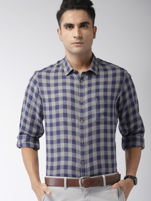 

Indian Terrain Men Grey & Blue Slim Fit Checked Casual Linen Shirt