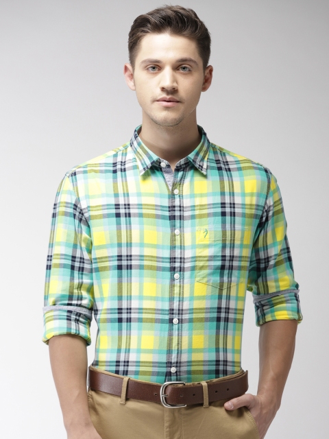 

Indian Terrain Men Yellow & Blue Slim Fit Checked Smart Casual Shirt