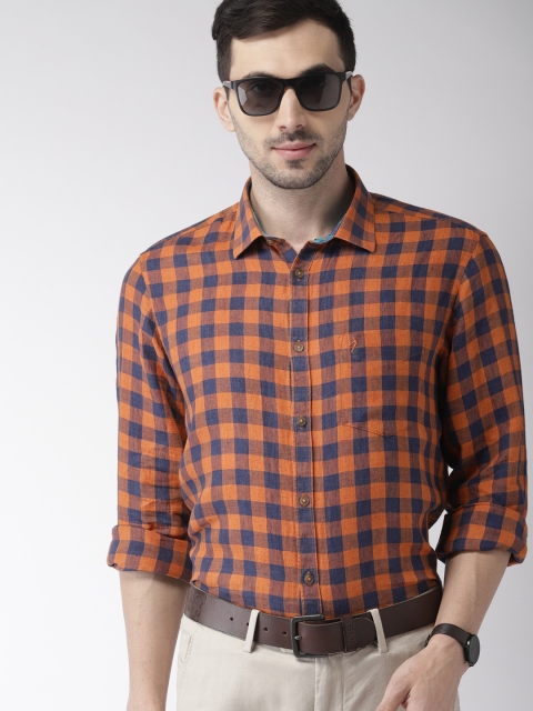

Indian Terrain Men Navy Blue & Orange Regular Fit Checked Casual Linen Shirt