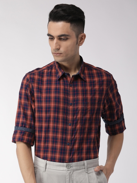 

Indian Terrain Men Navy Blue & Rust Orange Slim Fit Checked Casual Shirt