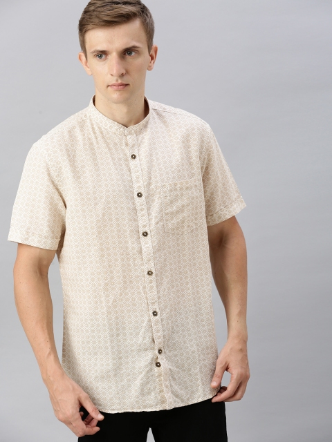 

Indian Terrain Men Beige & White Slim Fit Printed Casual Cotton Linen Shirt