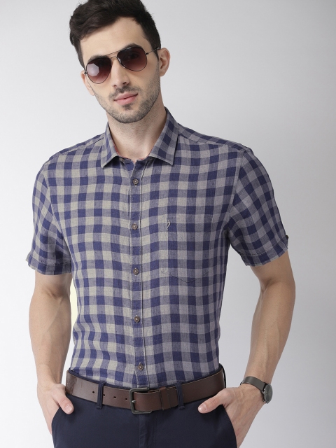 

Indian Terrain Men Grey & Navy Blue Slim Fit Checked Casual Linen Shirt