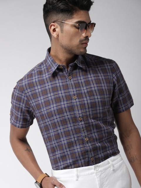 

Indian Terrain Men Brown & Blue Linen Chiseled Slim Fit Checked Casual Shirt