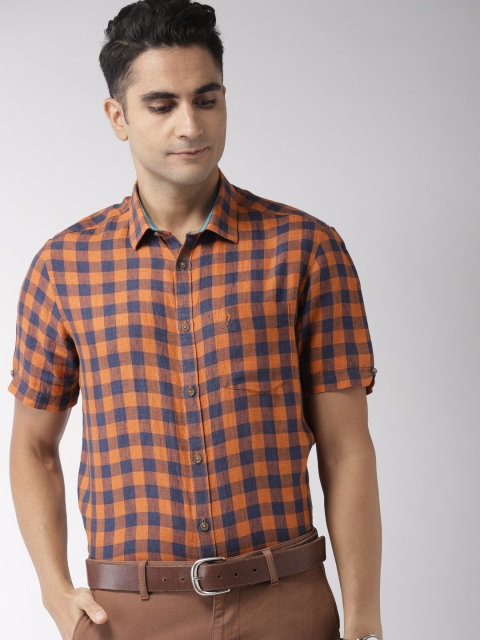 

Indian Terrain Men Orange & Navy Blue Slim Fit Checked Casual Linen Shirt