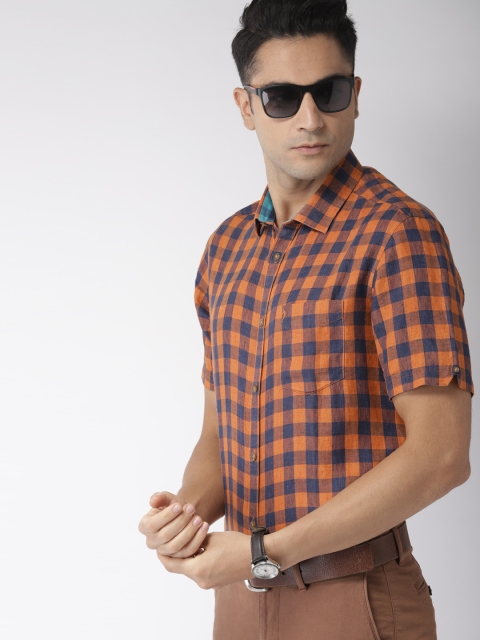 

Indian Terrain Men Rust Orange & Navy Blue Slim Fit Checked Casual Linen Shirt