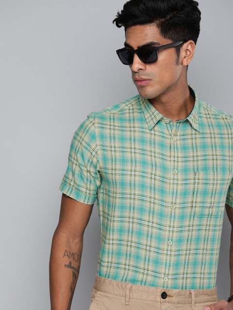 

Indian Terrain Men Turquoise Blue & Beige Slim Fit Checked Smart Casual Shirt