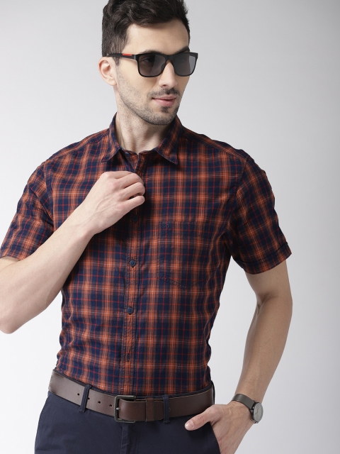 

Indian Terrain Men Rust Orange & Navy Blue Slim Fit Checked Smart Casual Shirt
