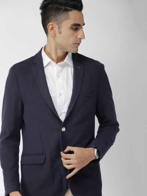 

Indian Terrain Men Navy Blue Solid Single Breasted Smart Casual Blazer