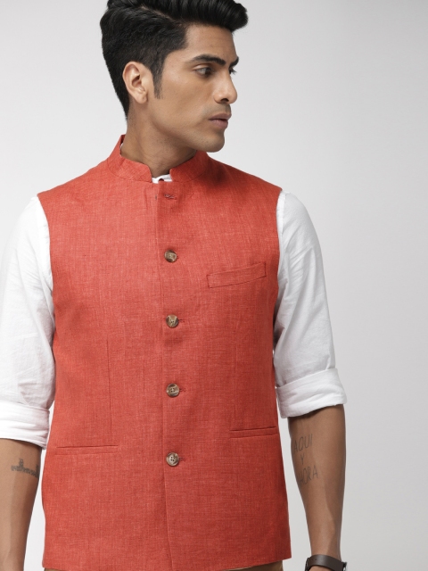 

Indian Terrain Men Red Solid Linen Nehru Jacket