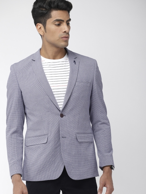 

Indian Terrain Men Blue & White Self Design Single-Breasted Casual Blazer