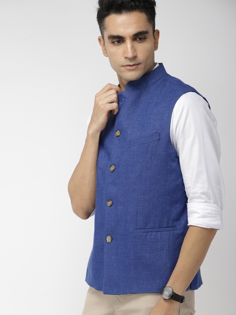 

Indian Terrain Men Blue Solid Linen Nehru Jacket