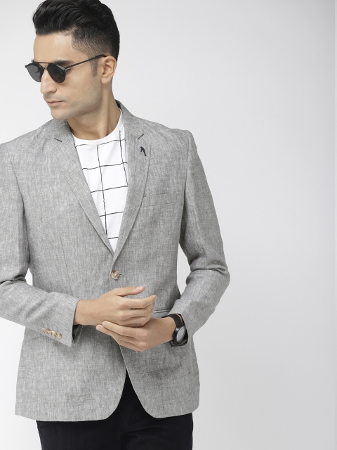 

Indian Terrain Men Grey Solid Single-Breasted Linen Casual Blazer