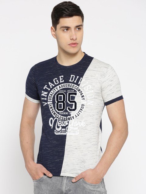 

Duke Men Grey & Navy Blue Colourblocked Round Neck T-shirt