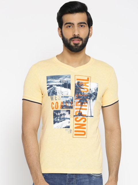 

Duke Men Yellow Printed V-Neck T-shirt