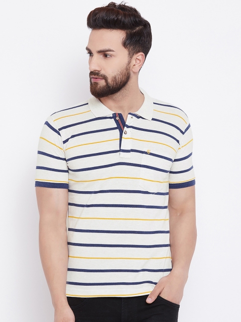 

Duke Men Off-White & Navy Blue Striped Polo Collar T-shirt