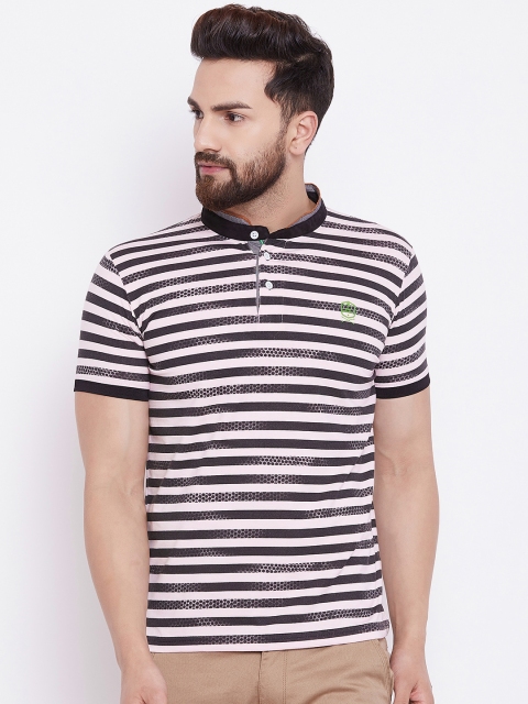 

Duke Men Pink & Black Striped Stand Collar T-shirt