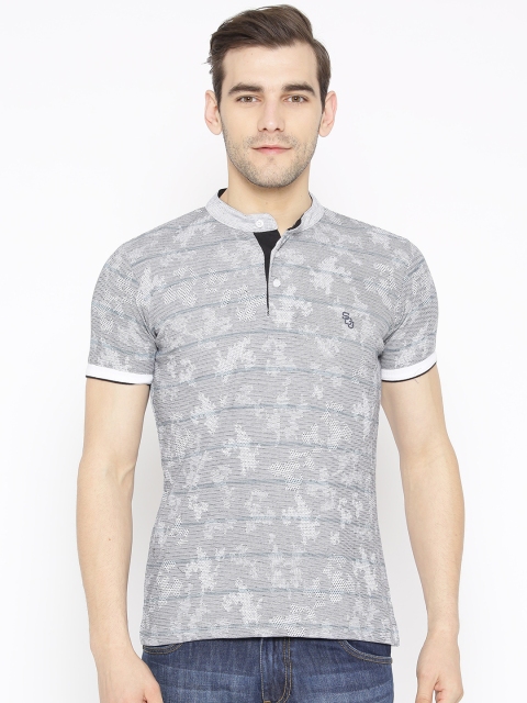 

Duke Men Charcoal Grey & White Self Design Mandarin Collar T-shirt