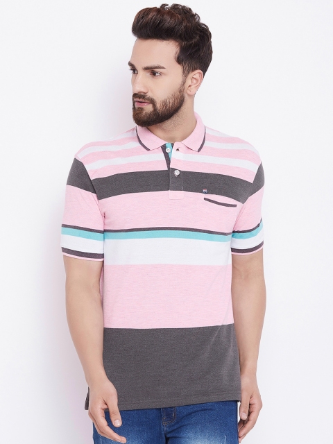 

Duke Men Pink & Charcoal Grey Striped Polo Collar T-shirt