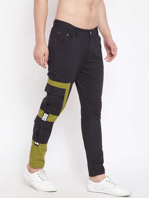 

FUGAZEE Men Black & Olive Green Tapered Fit Self Design Cargos