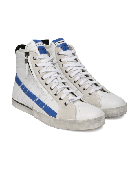 

DIESEL Men White Solid Leather Mid-Top Sneakers