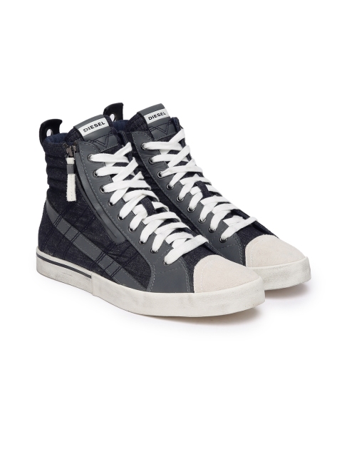 

DIESEL Men Navy Blue Solid Leather Mid-Top Sneakers