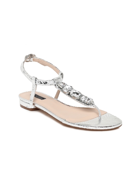 

Van Heusen Woman Silver-Toned Solid Synthetic T-Strap Flats