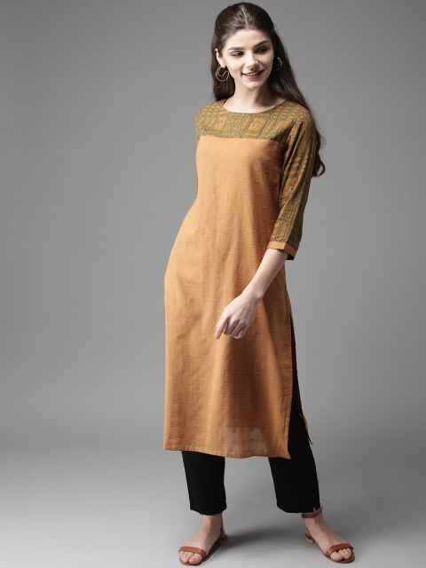 

HERE&NOW Women Brown & Green Printed Straight Kurta