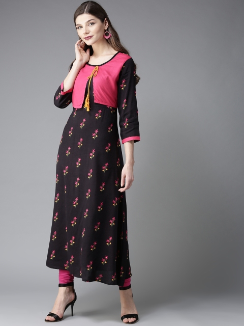 

HERE&NOW Women Black & Pink Layered Printed A-Line Kurta
