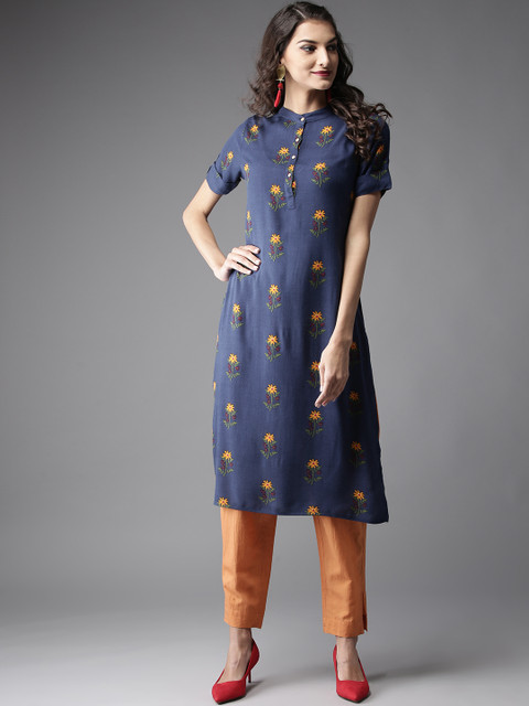 

HERE&NOW Women Navy Blue & Mustard Yellow Printed Straight Kurta