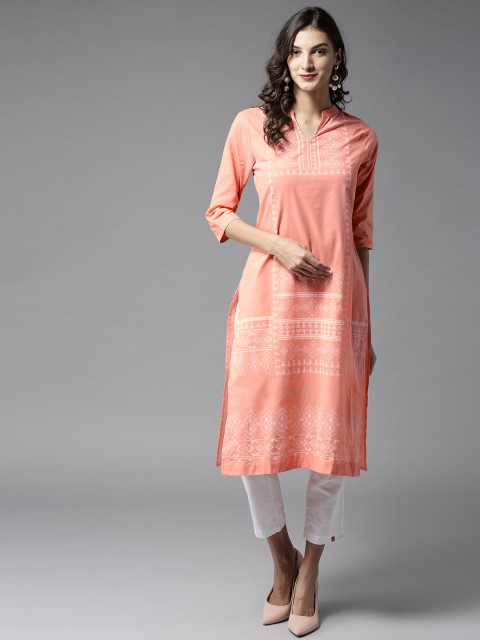 

HERE&NOW Women Peach-Coloured & White Printed Straight Kurta